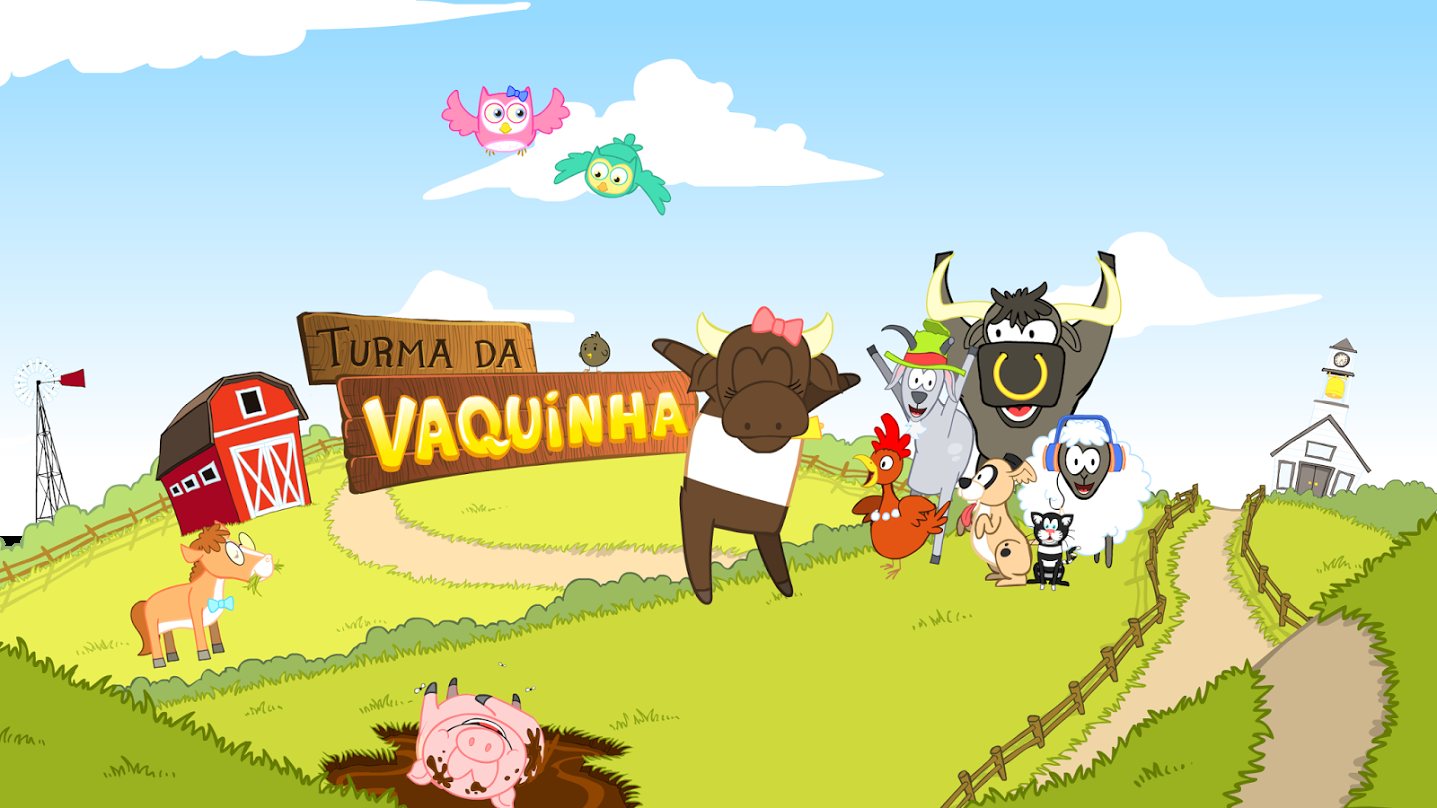 A Turma da Vaquinha reunida na fazenda — a vaquinha, o touro, o bode, a ovelha, o porquinho e as corujinhas