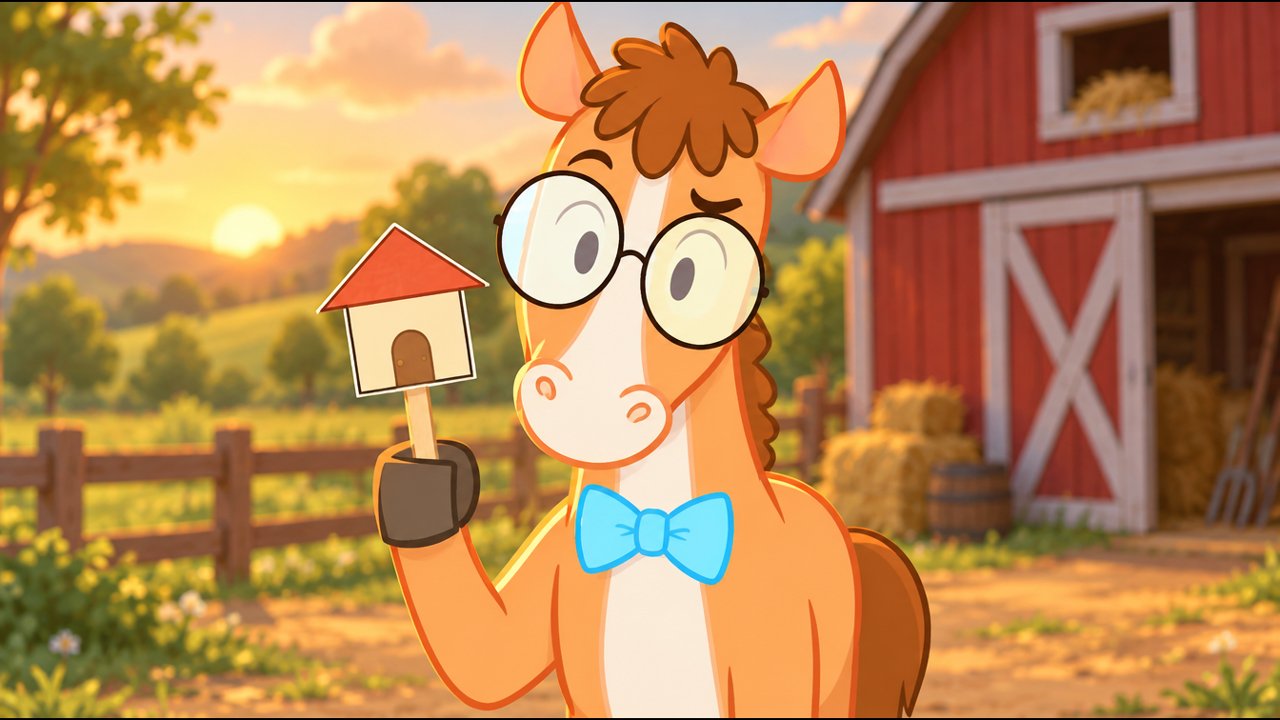 O Cavalo Téo segura uma casinha de papel no palito